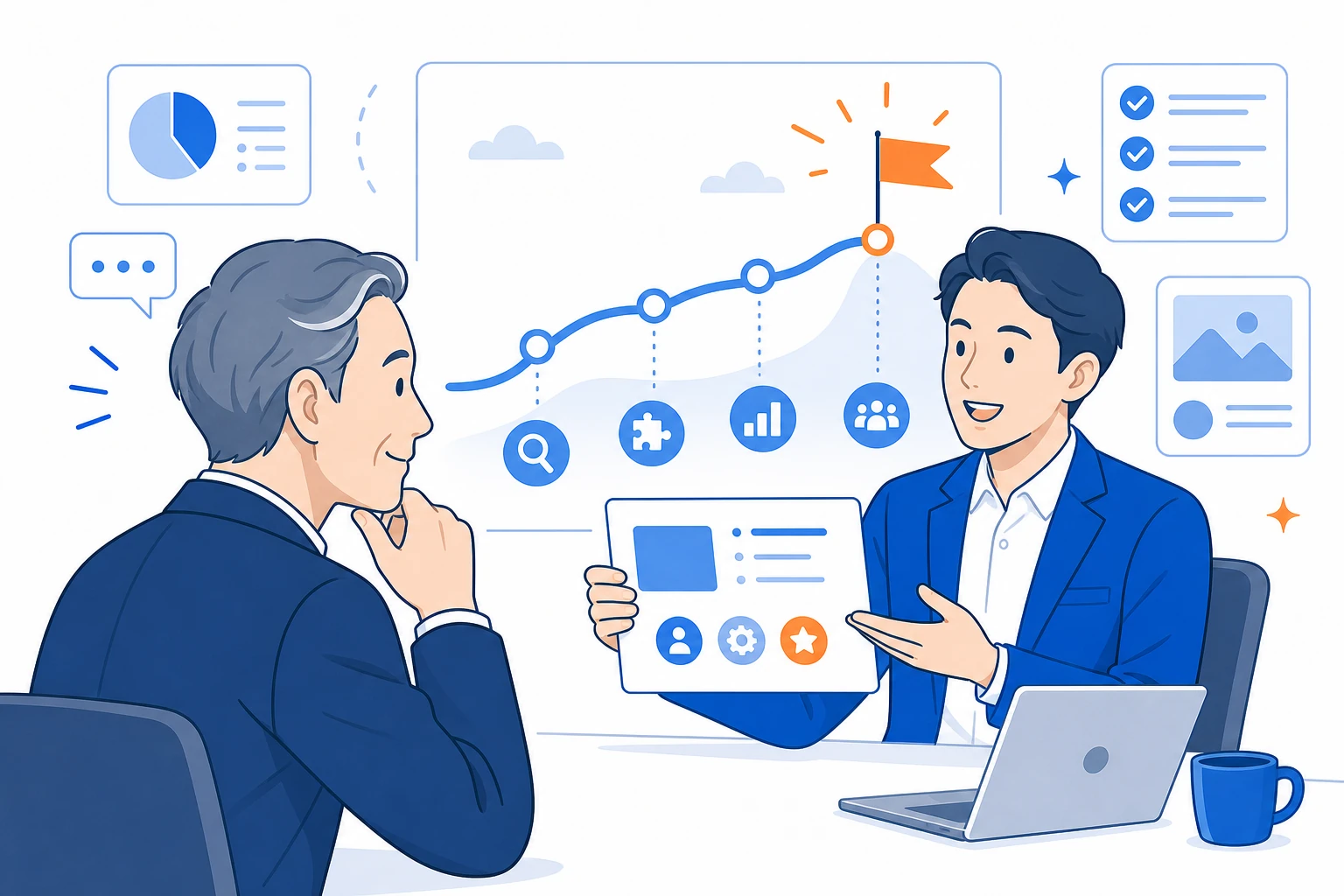 トレーナーが経営者にAI活用ロードマップと提案プランを提示している様子