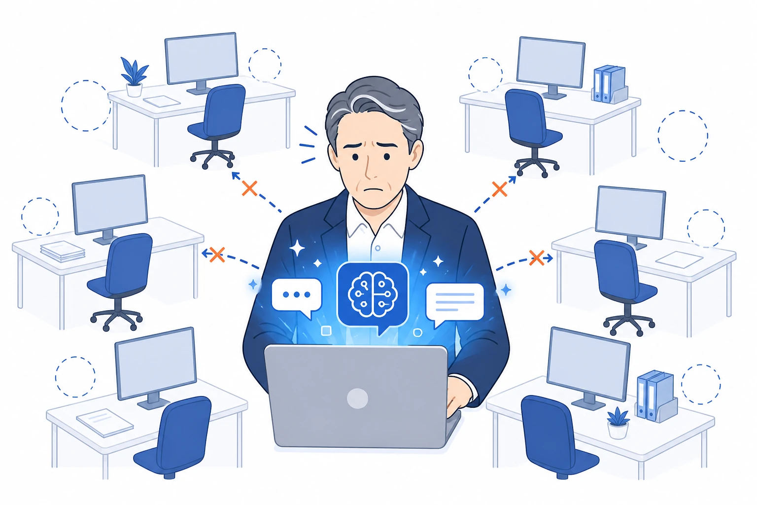 経営者だけがAIを使えており、空席の社内デスクへ活用が広がっていない様子