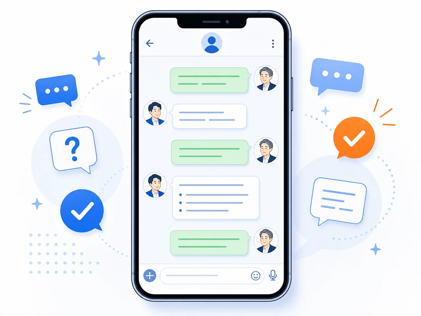 スマートフォンのチャット画面で毎日気軽に質問できることを示すモックアップ