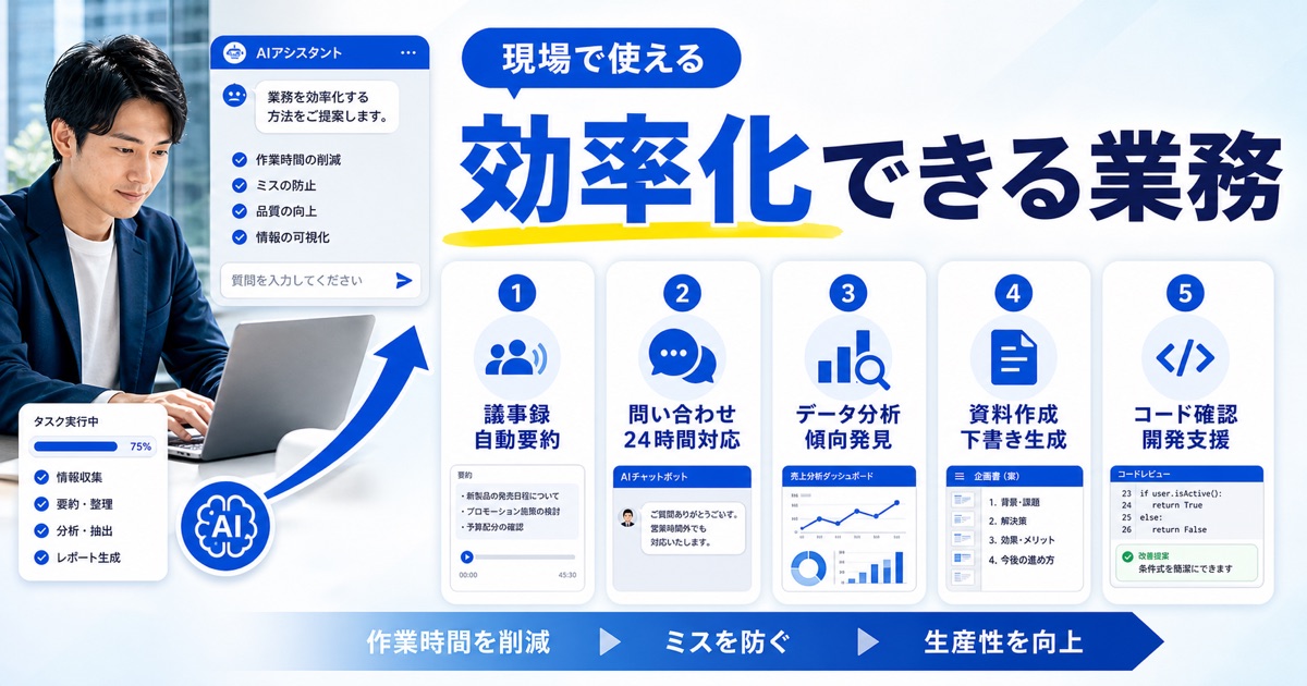AI業務改善の事例と方法|会社での進め方と効率化ツール - AIで効率化できる業務の具体的なシーン