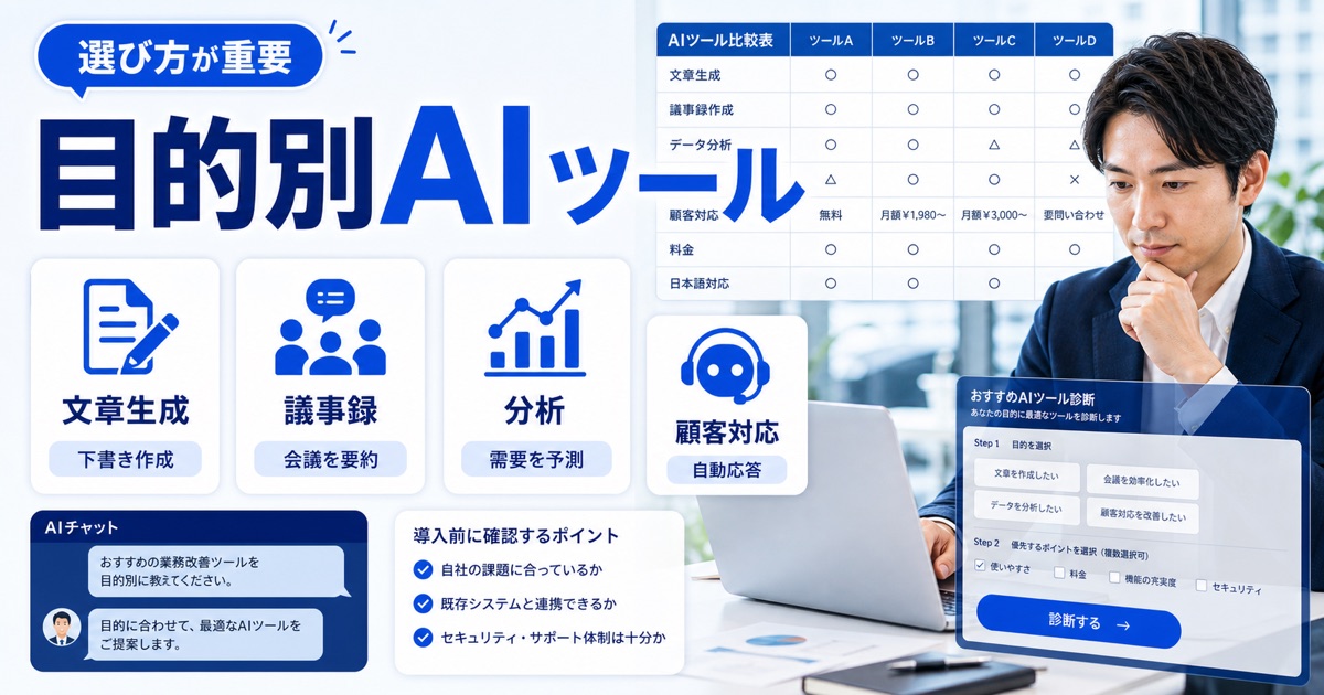 AI業務改善の事例と方法|会社での進め方と効率化ツール - 目的別に選ぶ!AI業務改善におすすめのツール