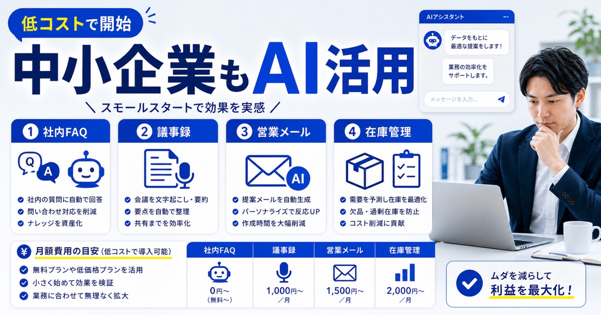 企業のAI活用事例25選【業界別】生成AIの成功パターン解説 - 【中小企業向け】低コストで始められるAI活用事例5選