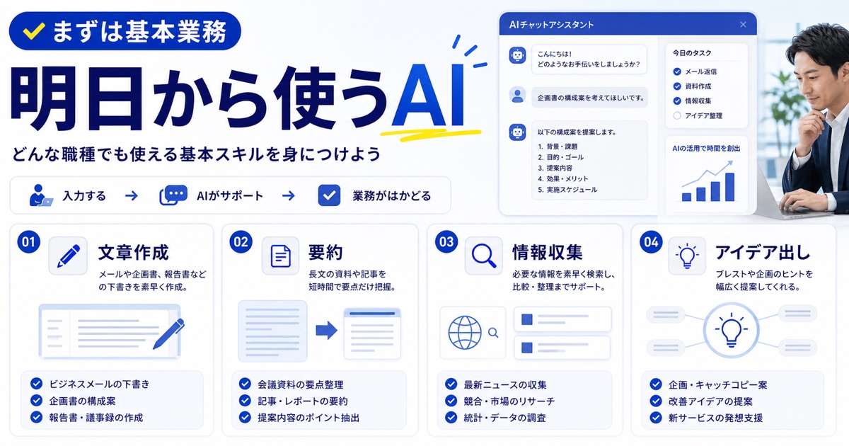 AIの仕事活用｜最新ツールと職種別事例で生産性を向上 - 【基本編】どんな職種でも明日から使えるAIの仕事活用術