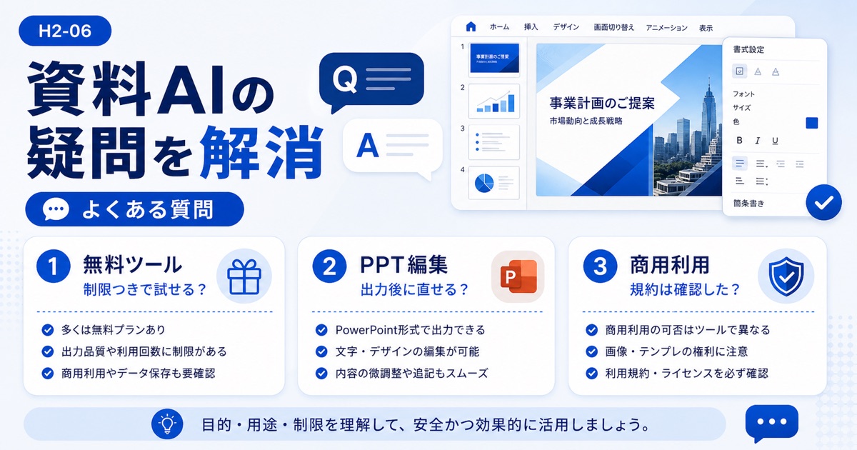 資料作成AIおすすめツール比較｜プレゼンスライドを効率化する作り方 - 資料作成 aiに関するよくある質問