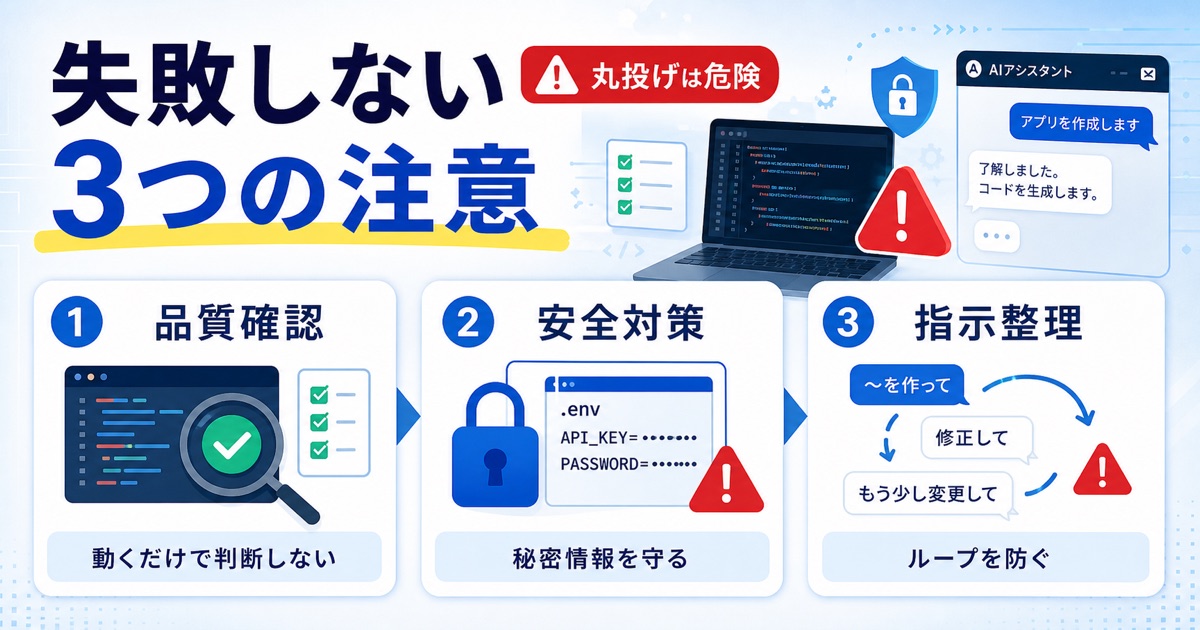 バイブコーディングの始め方｜初心者向けツールと実践ロードマップ - バイブコーディングで失敗しないための3つの注意点